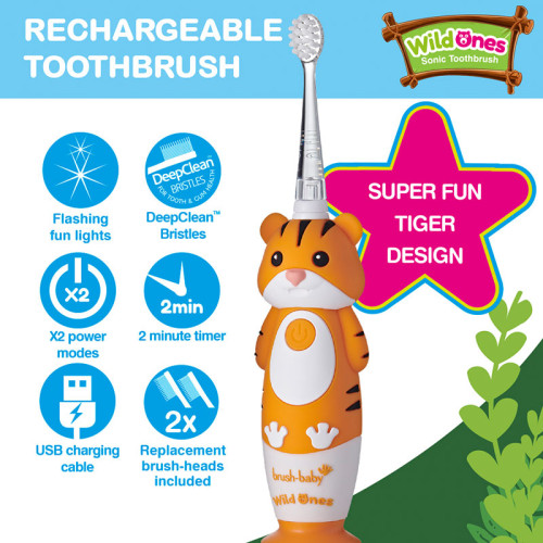 Brush-Baby | Brushbaby WildOnes Toby Tiger Rechargeable Sonic Electric Toothbrush (0-10 year olds) | 2 years warranty